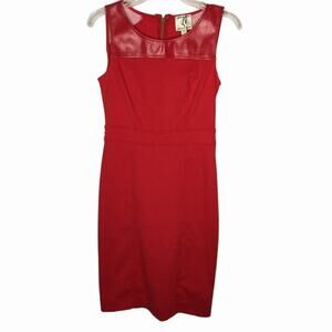 ICE  Sheath Dress Sleeveless Faux Leather Scoop Neck Back Zip Solid Red Size 4